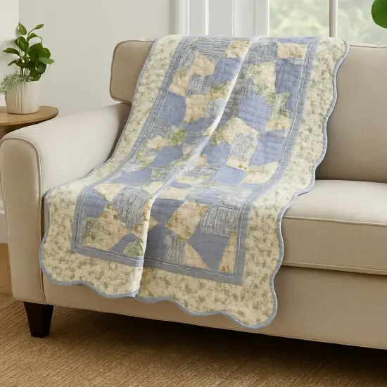 Sunshine Cornflower Blue Florals Vintage Quilted 100% Cotton Throw Blanket 50" x 60" {3}