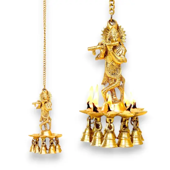Brass Krishna Wall Hanging Diya with Bells & Chain Krishna Hanging Idol Oil Lamp Home Temple Mandir Office Diwali Decor Kathu Vilakku Puja Diyas - Deepawali Housewarming Return Gifts {4}
