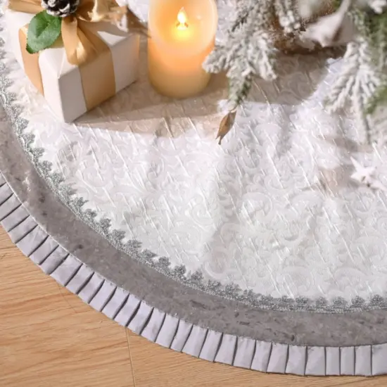 Silver and White Christmas Tree Skirt, 48-Inch Elegant Velvet & Brocade Holiday Tree Base Cover with Pleated Trim {1}