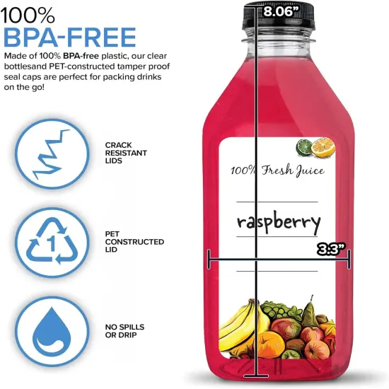32 Oz Juice Bottles with Caps (6 Pack) - Reusable Clear Plastic Drink Containers {3}