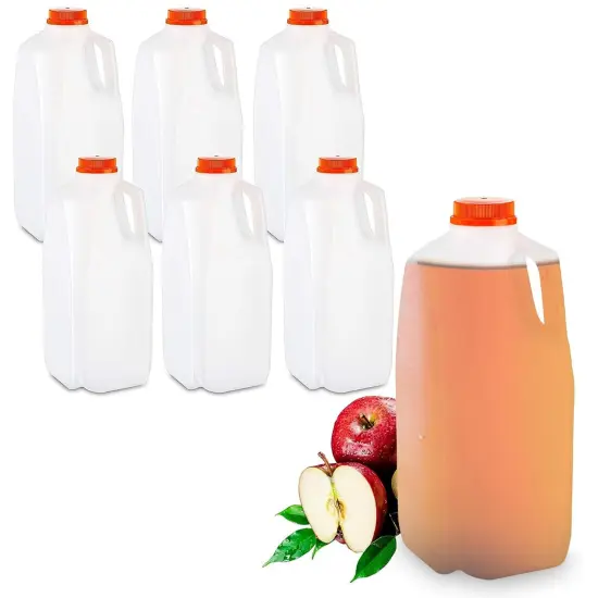 64 Oz HDPE Plastic Juice Bottles with Orange Tamper Evident Caps Set(6 Bottles) {1}