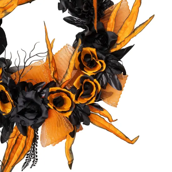 Northlight Skull with Roses Artificial Halloween Wreath - 14" - Black and Orange - Unlit {5}