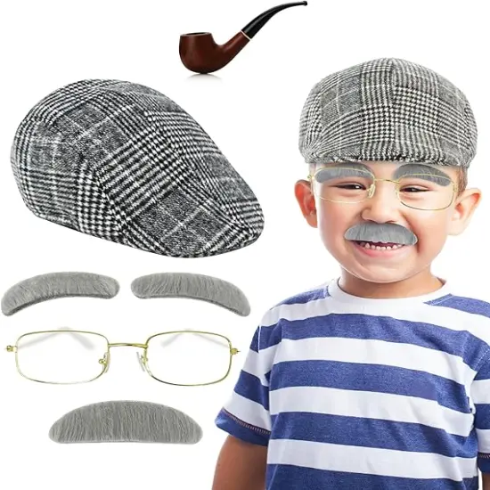 4E's Novelty Old Man Costume For Kids Boys - 100 Days of School Costume for Boys, Old Man Costume for Kids, Grandpa Dress Up Accessories Kit 5 Pcs Set {6}