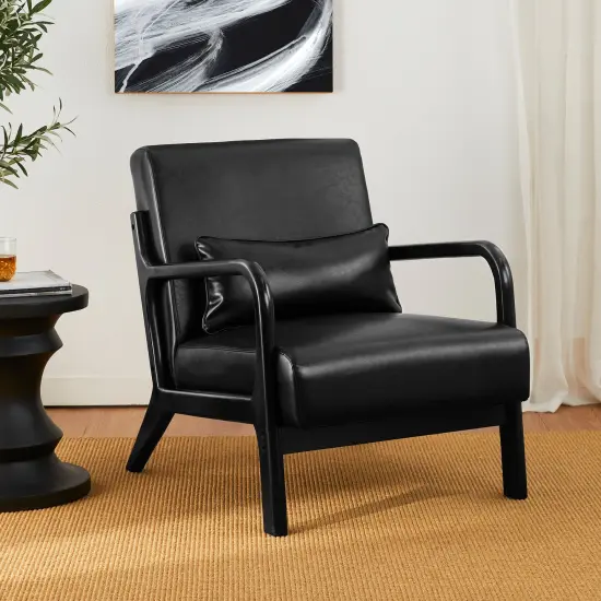 Set of 2 30.75"H Mid-Century Modern PU Leather Armchair Accent Chairs with Pillow Black {3}