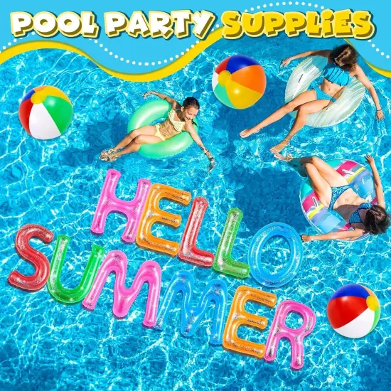 Hello Summer Floating Pool Letters Summer Party Decoration Inflatable Floats Letters Decoration Surfboard Hawaiian Luau Inflatable Signs with 4 Beach Balls {5}