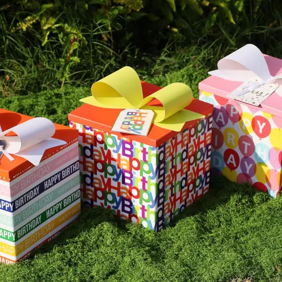 Medium Birthday Gift Boxes with Lids for Presents, Text Design Collapsible Gift Box for Birthday, Baby Shower, Party {4}