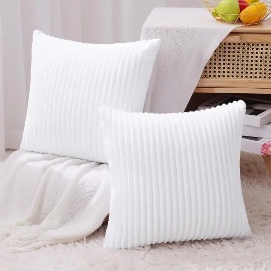 Decorative Throw Pillow Covers 18x18 Set of 2, Soft Plush Flannel Double-Sided Fluffy Couch Pillow Covers for Sofa Living Room Home Decor, White {4}