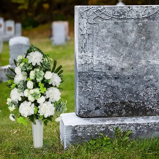 Artificial Cemetery Flowers, Bulbous Chrysanthemum Flowers Greenery Bouquet for Grave Decoration, Set of 2 Spring Memorial Flowers with Vase (White) {4}