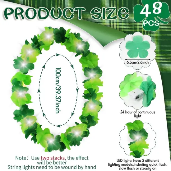 48 Pcs LED Hawaiian Leis Light up Flower Leis Necklace with LED Lights Luau Flowers Necklaces for Masquerade Beach Wedding Tropical Themed Party Supplies(Bright Green) {2}