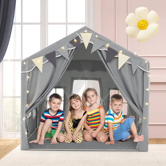 Kids Large Play Tent House with 2 Opening Door and Star Lighting Perfect for Gift Grey {3}