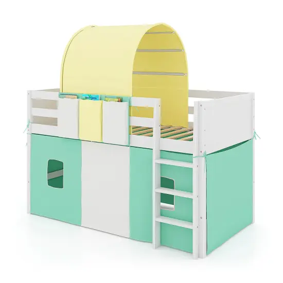 Twin Size Playhouse Loft Bed Frame with Tower Tent and 3 Storage Pockets for Kids Navy {7}