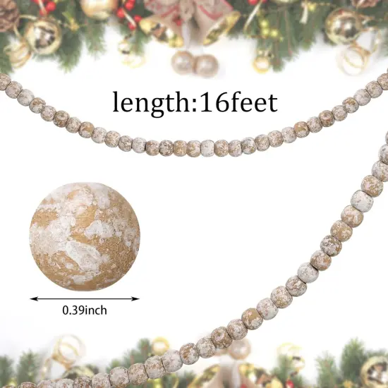 16 Feet Christmas Wood Bead Garland Wooden Bead Garland for Christmas Tree Holiday Decoration (Retro White) {2}