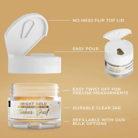 Bakell - Bright Gold Tinker Dust Edible Glitter (5g, 1x Jar) for Food, Desserts, and Beverages! {6}