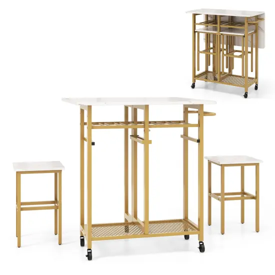 Engineered Wood Metal Dining Table Set with Extendable Top Wine Rack and Space-Saving Stools White {4}
