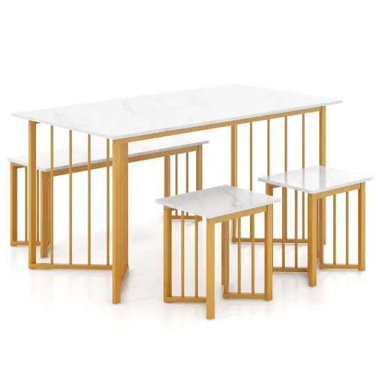 4 Piece Dining Table Set with Bench and 2 Stools-White {1}