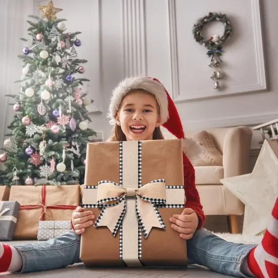 2 Rolls Christmas Buffalo Plaid Wired Edge Ribbons Christmas Tree Burlap Fabric Craft Wrapping Ribbon with Checkered Edge, 216 Inch(2.5 Inch Width,Black and White) {4}