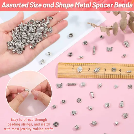 500 Pcs Bracelet Spacer Beads, Silver Bulk Random Styles Loose Spacer Metal Charm for Necklace, Earring Making DIY Jewelry Accessories {4}