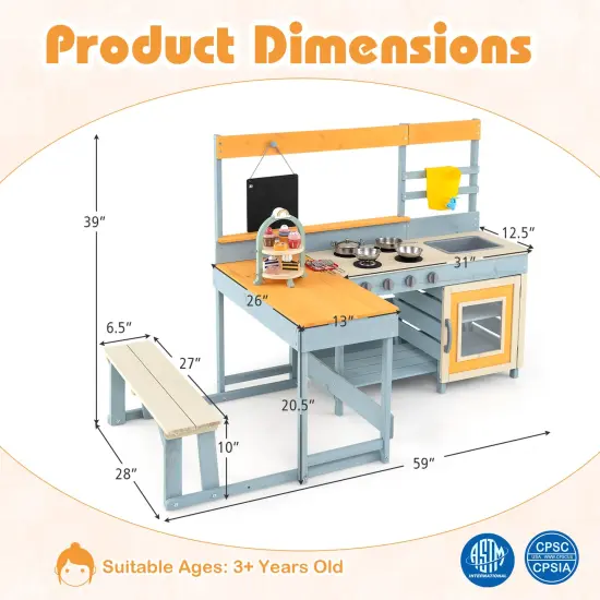 Natural Fir Wood Play Kitchen with Kids Picnic Table and Built-in Bench for Outdoor Fun {4}