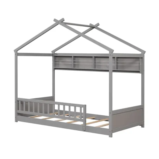 Twin Floor Bed with House Frame, Storage Shelf, Guardrails, Montessori Design, and Solid Wood Construction Grey {1}