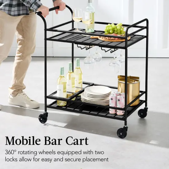 Best Choice Products 2-Tier Rolling Bar Cart Indoor/Outdoor w/ Storage Shelves, Wine Rack, Lockable Wheels Black {5}