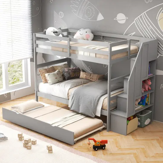 Twin Bunk Bed with Guard Rail and 4-Step Storage Stairs No Box Spring Needed Grey {3}