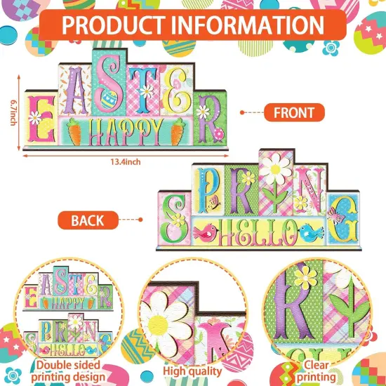 Easter Decorations Pastel Spring Table Decor Reversible Happy Easter Wooden Sign Farmhouse Hello Spring Tabletop Centerpiece for Home Tiered Tray Shelf Office Desk Mantel Rustic Decor {3}