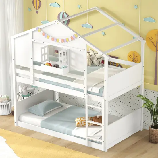 Twin Over Twin Bunk Bed for Kids with Roof and Lockable Window-White {2}
