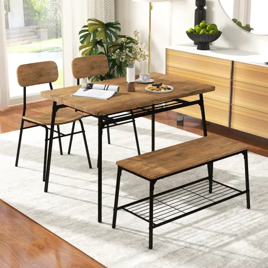 4 Piece Dining Table Set for 4 Metal Frame with Bench and 2 Chairs-Brown {5}