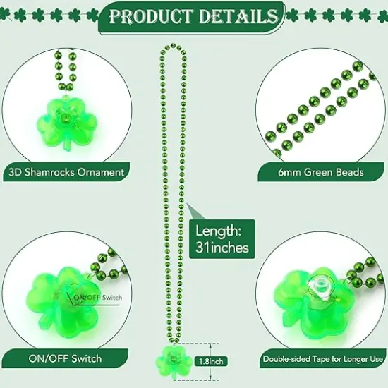 St. Patrick's Day Accessories Green Light up Shamrocks Necklaces St Patrick Day Beads Led Green Shamrock Necklace Irish Metallic for Irish St. Patrick Party Dressing up Costume Supplies {3}