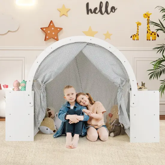 Wooden Kids Play Tent with Curtain Shades and 8 Cubbies-White {3}