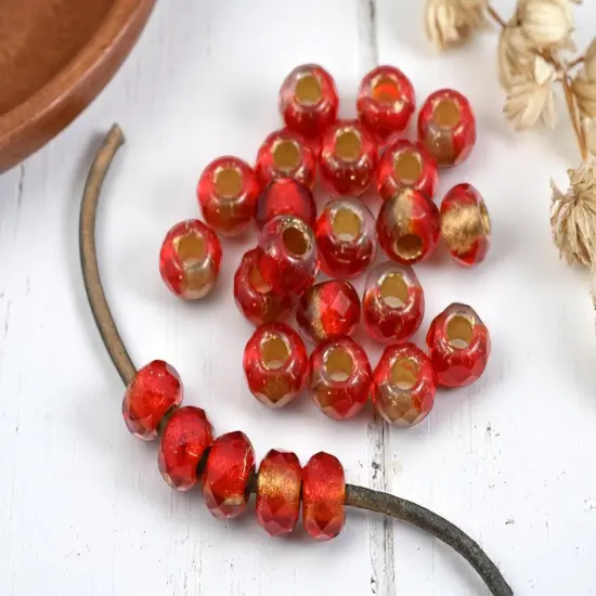 *25* 5x8mm Gold Lined Ruby Red Faceted Large Hole Rondelle Roller Beads {4}