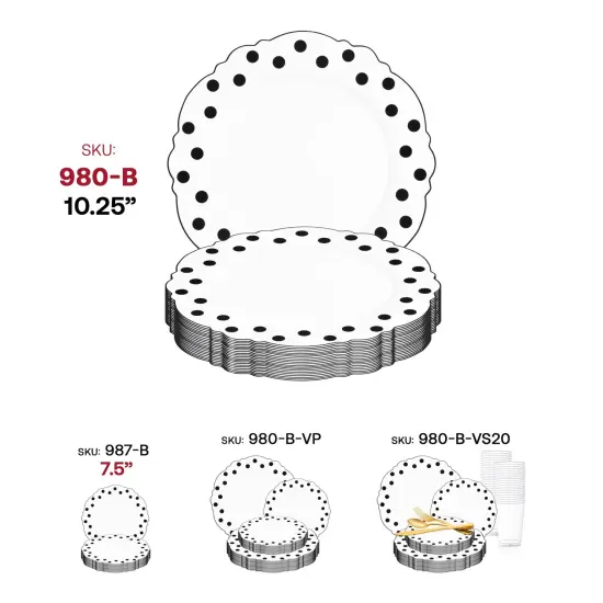 White with Black Dots Round Blossom Disposable Plastic Salad Plates - 7.5" (120 Plates) {6}