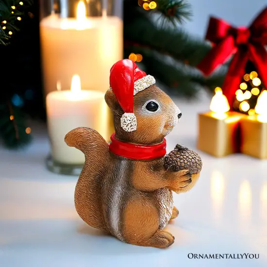 Charming Chipmunk with Santa Hat Figurine, 5" Playful Christmas Rodent Garden Statue {5}
