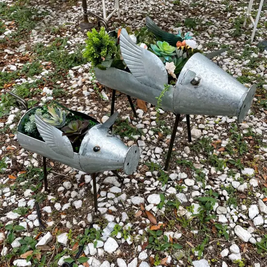 Set of 2 Flying Pig Planters - Distressed Galvanized Gray Metal - Rustic Farmhouse Garden Decor - Whimsical Planters for Indoor or Outdoor Use - Decorative and Functional Sculptures {7}