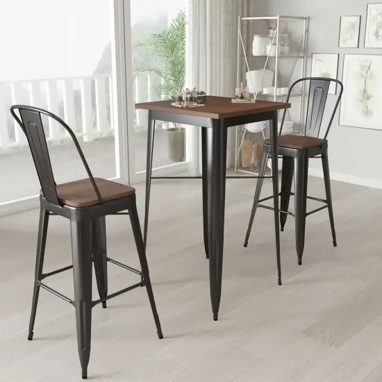 Merrick Lane Modern 23.5" Square Metal Table with Rustic Wood Top for Indoor Use Black {1}