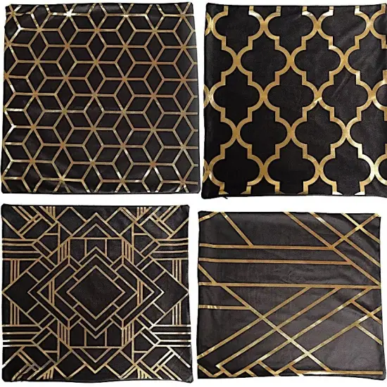 4 Velvet 18x18" Black Square Throw PILLOW COVERS Gold Geometric Print Party Home {3}
