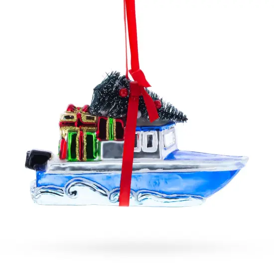 Boat with Tree and Present Glass Christmas Ornament {4}