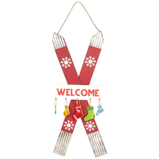 Northlight Wooden Welcome Skis with Christmas Stockings Hanging Decoration - 23.5" Red {3}