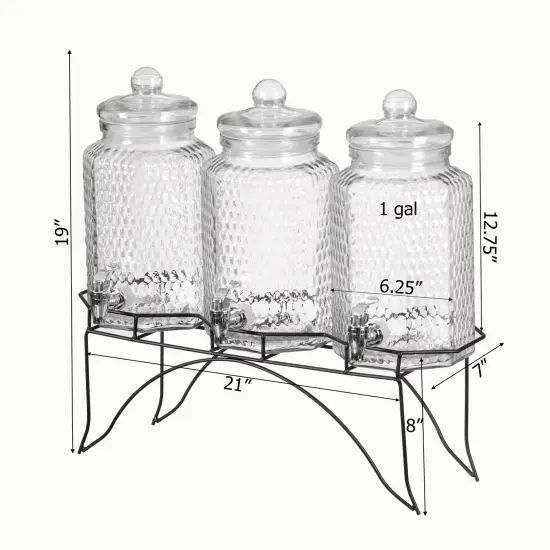 Basicwise 3-Piece Glass Drink Dispenser Set with Metal Stand and Stainless Steel Spigot - Beverage Dispensers for Lemonade, Juice, Water, Iced Tea, and Punch - Ideal for Tea Party and Other Occasions {6}