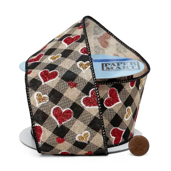 Glitter Hearts on Plaid Wired Ribbon 2.5" x 10 Yards {3}