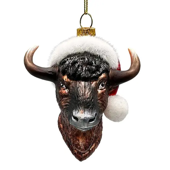 Festive Bison Glass Christmas Ornament, Buffalo Western Bovine Animal {4}