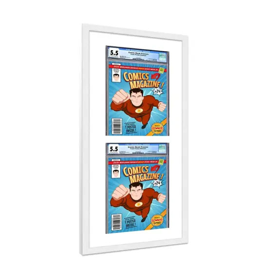 Comic Book Display Frame for Graded Comics - White Wood Comic Frame With White Mat for 8.125x13 Comics, 18 Frame Sizes {2}