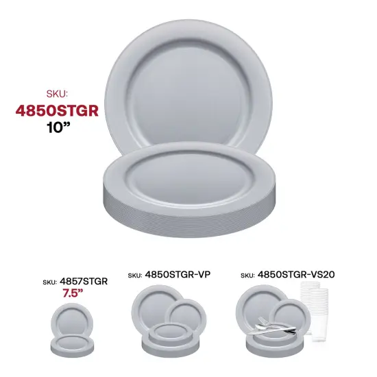 Matte Steel Gray Round Disposable Plastic Dinner Plates - 10" (120 Plates) {6}