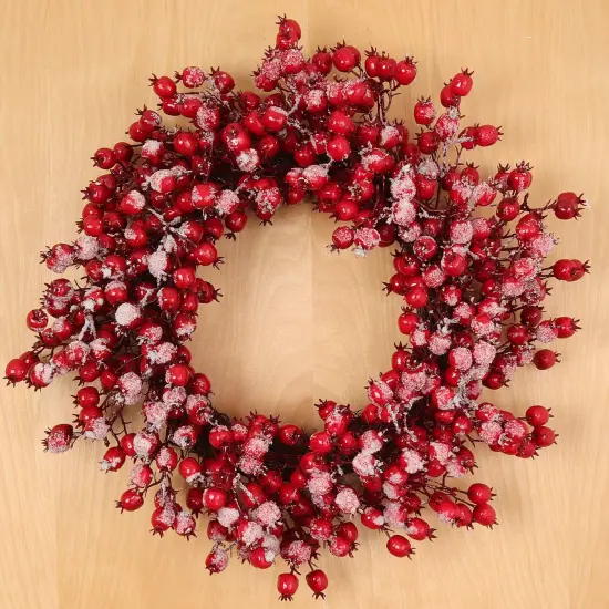 22" Red Frosted Berry Wreath - 22-Inch Iced Hawthorn Twig Berries Holiday Decorative Winter Christmas Berry Wreaths for Front Door, Fireplace, Mantel, Xmas D&eacute;cor - Christmas Berry Wreath {2}