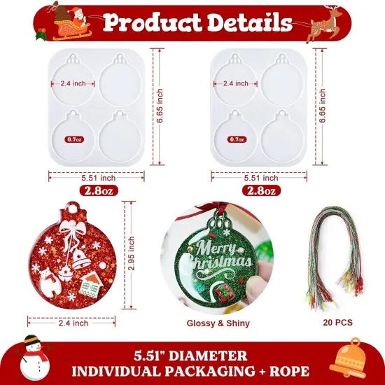 LET'S RESIN Christmas Resin Molds, Set of 2 Resin Molds Silicone with 8 Round Cavities Each 2.4 Inch with 20 Pcs Lanyard, Silicone Molds for Epoxy Resin, Christmas Tree Ornament, Jewelry Keychain {2}