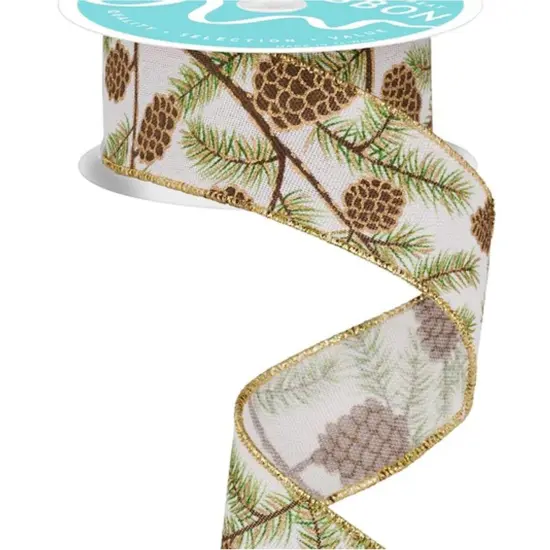 Classic Pinecones & Foliage Natural Wired Ribbon 2.5" x 10 Yards {4}