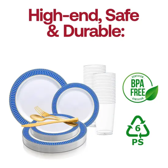 White with Gold Spiral on Blue Rim Plastic Wedding Value Set (60 Settings) {4}
