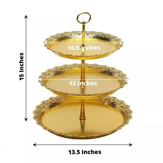 15" Metallic Gold 3 Tier Plastic Cupcake Stand Round Tower Lace Cut Trim Party {3}