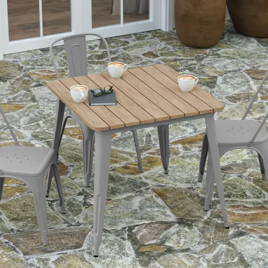 Merrick Lane Dryden Indoor/Outdoor Dining Table, 31.5" Square All Weather Poly Resin Top with Steel Base BrownTop/SilverFrame {3}
