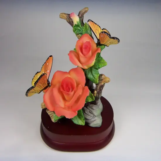 Ceramic Rose Flowers with Butterflies on Wooden Base Figurine, Home Decor, Gift for Her, Gift for Mom {3}